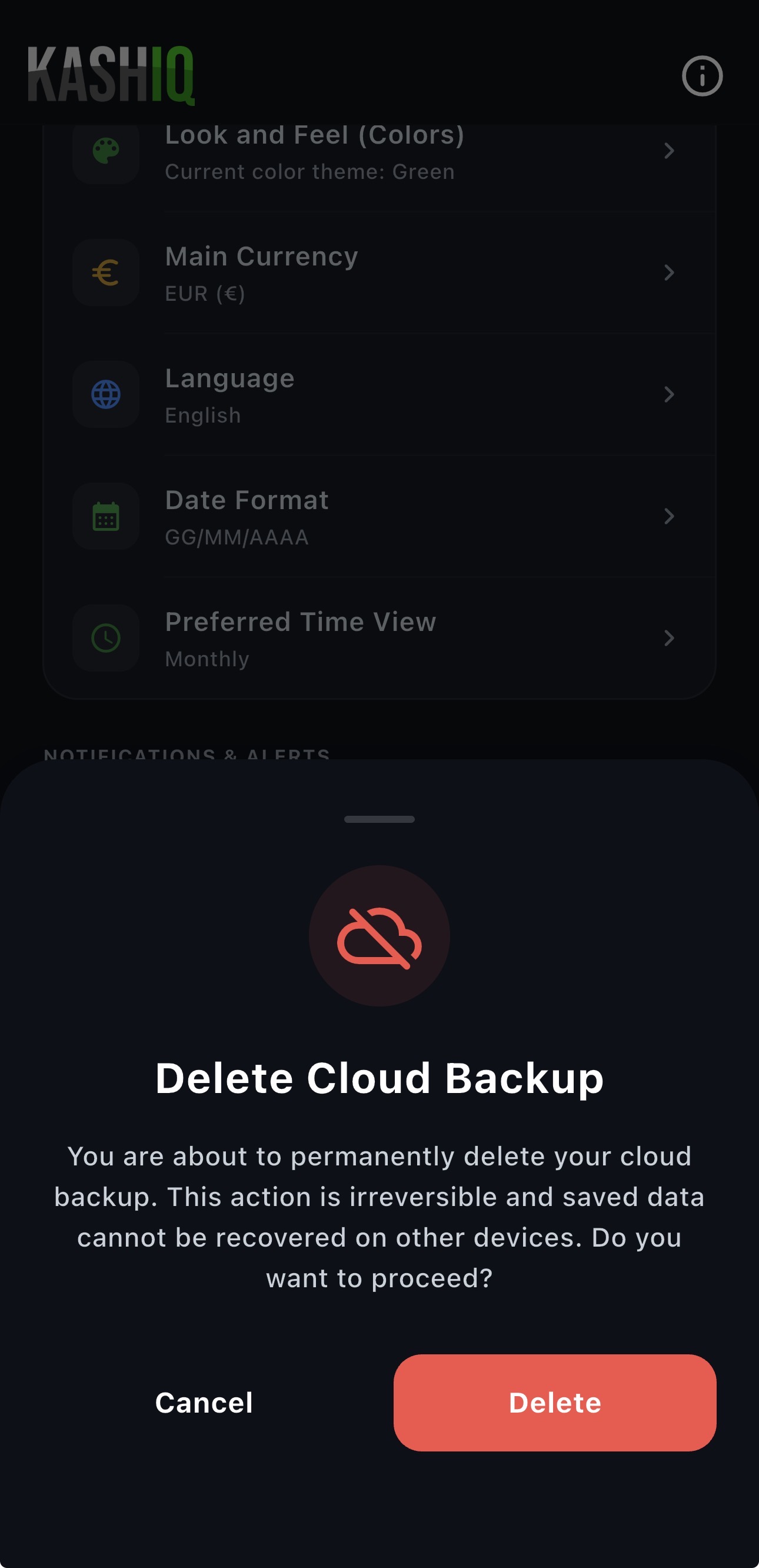 Schermata di conferma eliminazione backup in cloud